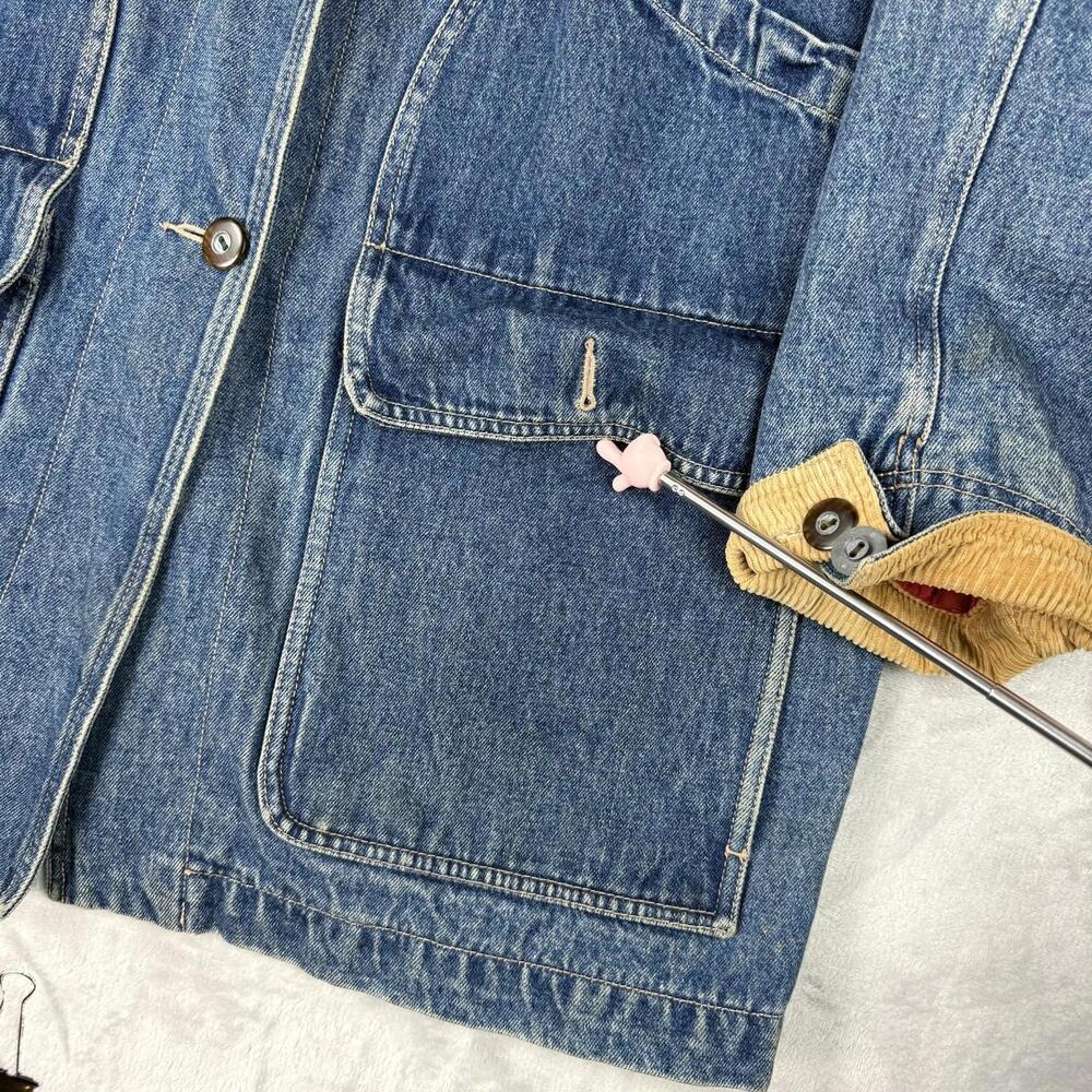 Vintage Eddie Bauer Women Denim Jean Chore Jacket Long Coat Dual Pocket Size L - Picture 6 of 9
